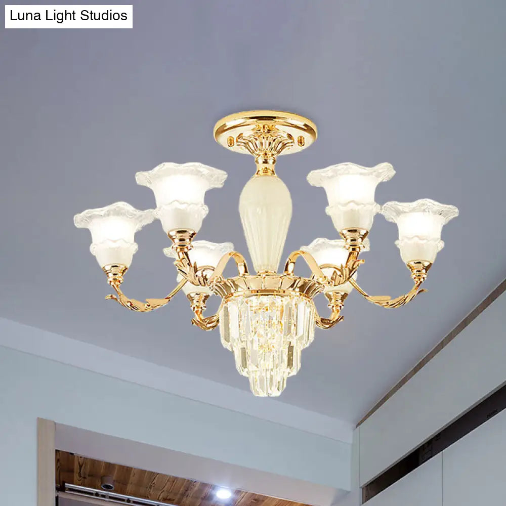 DecorBites™ DecorBites™ Modern Tapered Crystal Prism Chandelier with Ruffled Bell Frosted Glass Shade in Gold - Available in 3/6 Light Options for the Bedroom