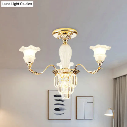 DecorBites™ DecorBites™ Modern Tapered Crystal Prism Chandelier with Ruffled Bell Frosted Glass Shade in Gold - Available in 3/6 Light Options for the Bedroom
