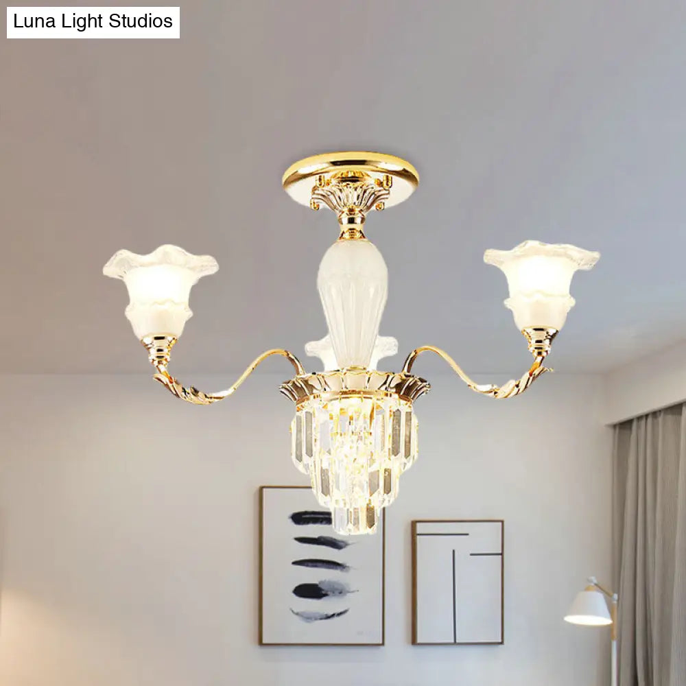 DecorBites™ DecorBites™ Modern Tapered Crystal Prism Chandelier with Ruffled Bell Frosted Glass Shade in Gold - Available in 3/6 Light Options for the Bedroom