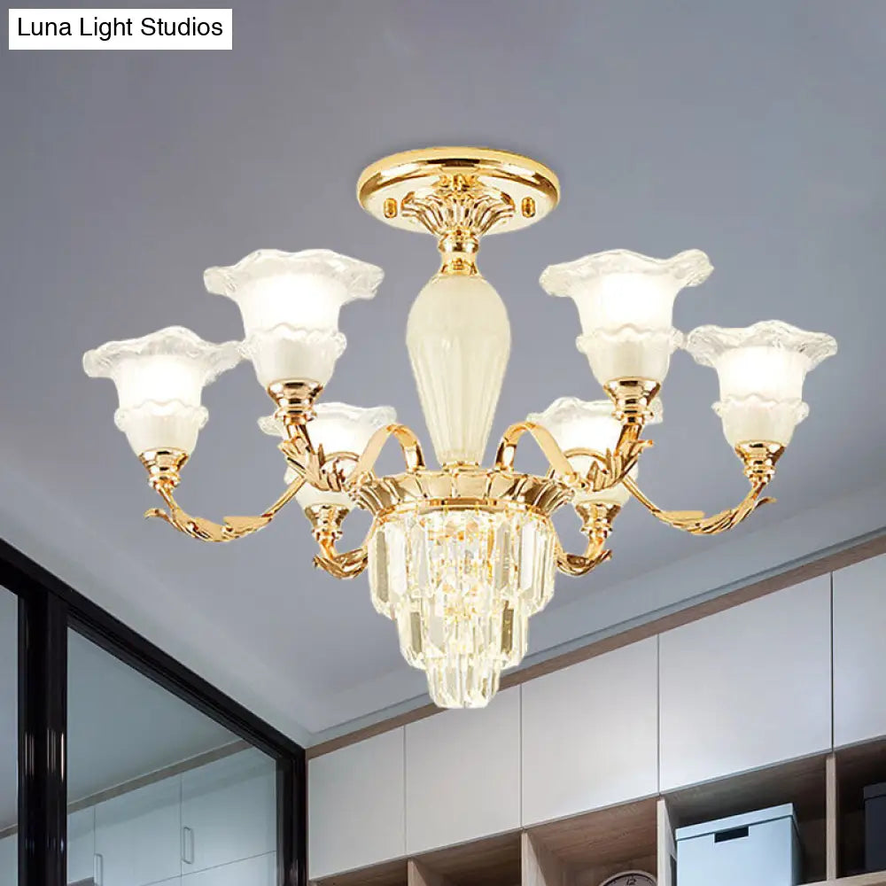 DecorBites™ DecorBites™ Modern Tapered Crystal Prism Chandelier with Ruffled Bell Frosted Glass Shade in Gold - Available in 3/6 Light Options for the Bedroom