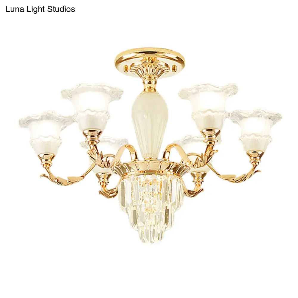 DecorBites™ DecorBites™ Modern Tapered Crystal Prism Chandelier with Ruffled Bell Frosted Glass Shade in Gold - Available in 3/6 Light Options for the Bedroom