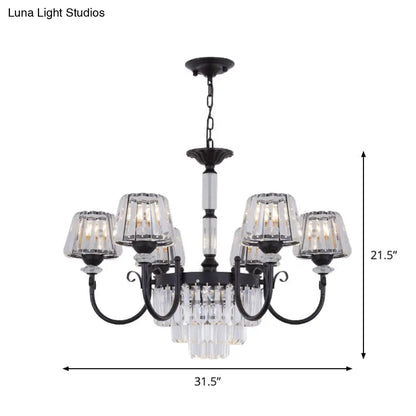 Modern Tapered Crystal Suspension Light with 3/6 Heads - Black Dining Room Chandelier Lamp