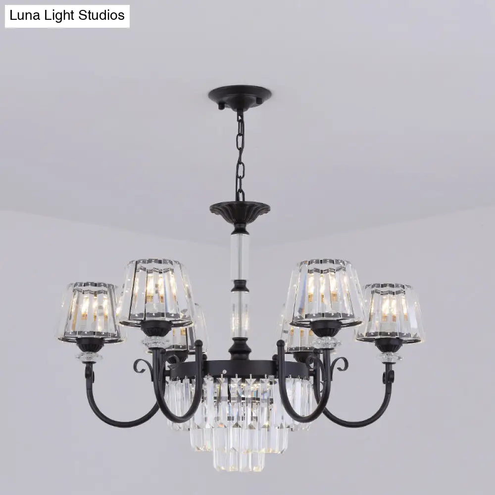 Modern Tapered Crystal Suspension Light with 3/6 Heads - Black Dining Room Chandelier Lamp