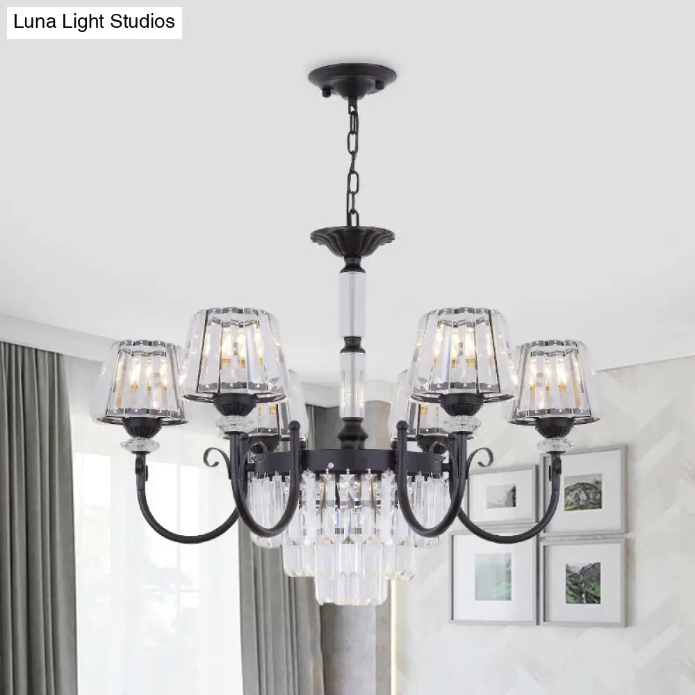 Modern Tapered Crystal Suspension Light with 3/6 Heads - Black Dining Room Chandelier Lamp