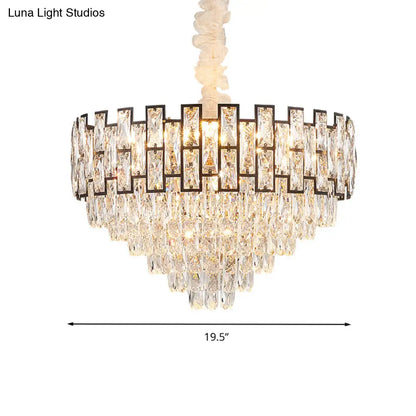 Lámpara de techo colgante moderna de níquel con forma cónica y bloque de cristal, 6/10 cabezales, 16"/19.5" de ancho