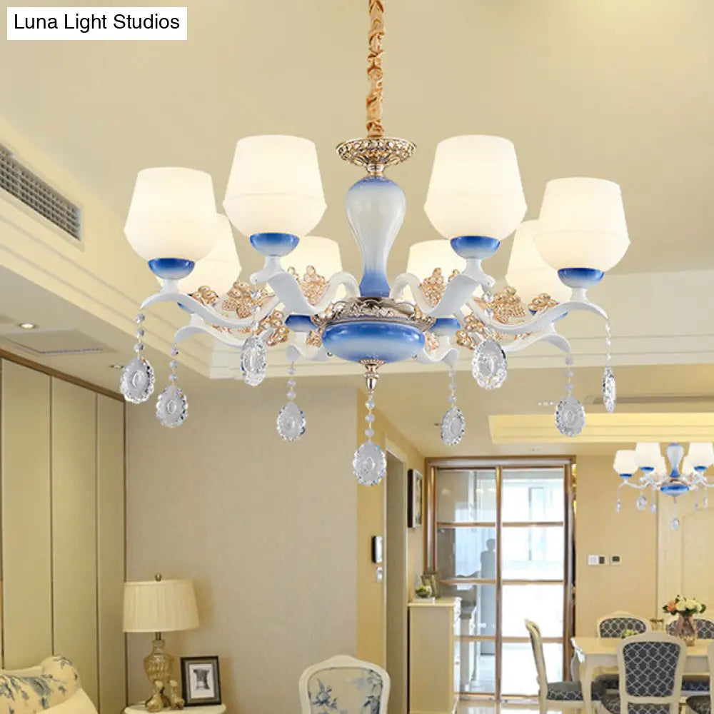 Lámpara de araña colgante cónica moderna - 8 bombillas, cristal color marfil (azul/blanco)