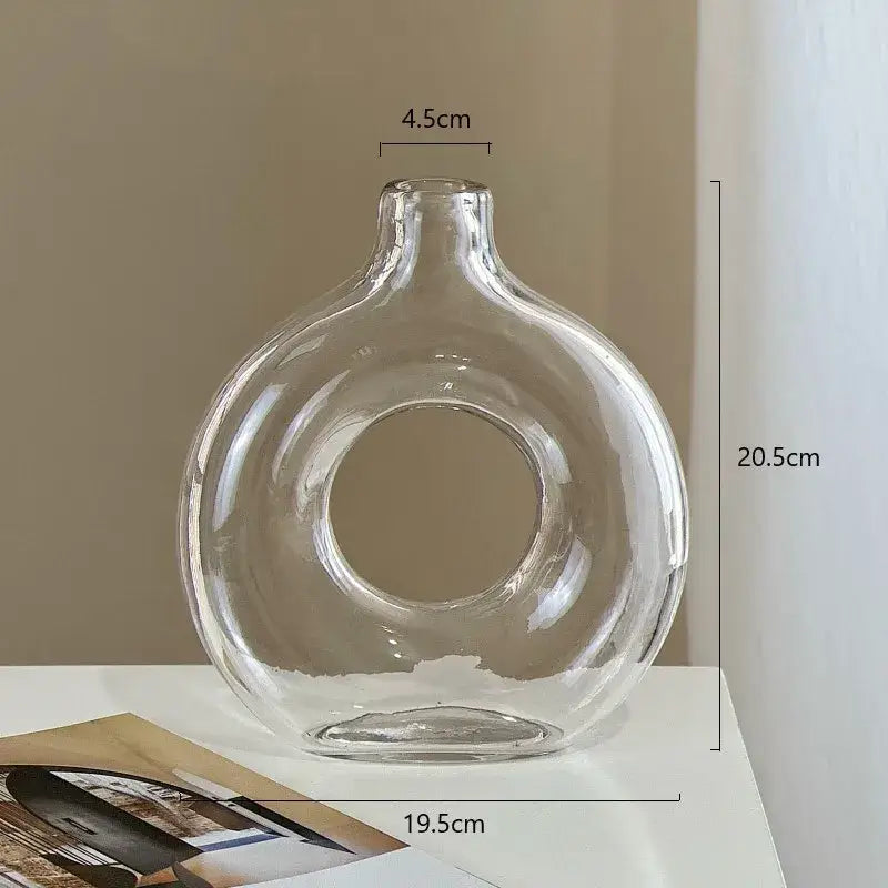 Modern taupe and clear geometric circles glass vase with a distinctive ring-shaped hole for living room decorbites decor