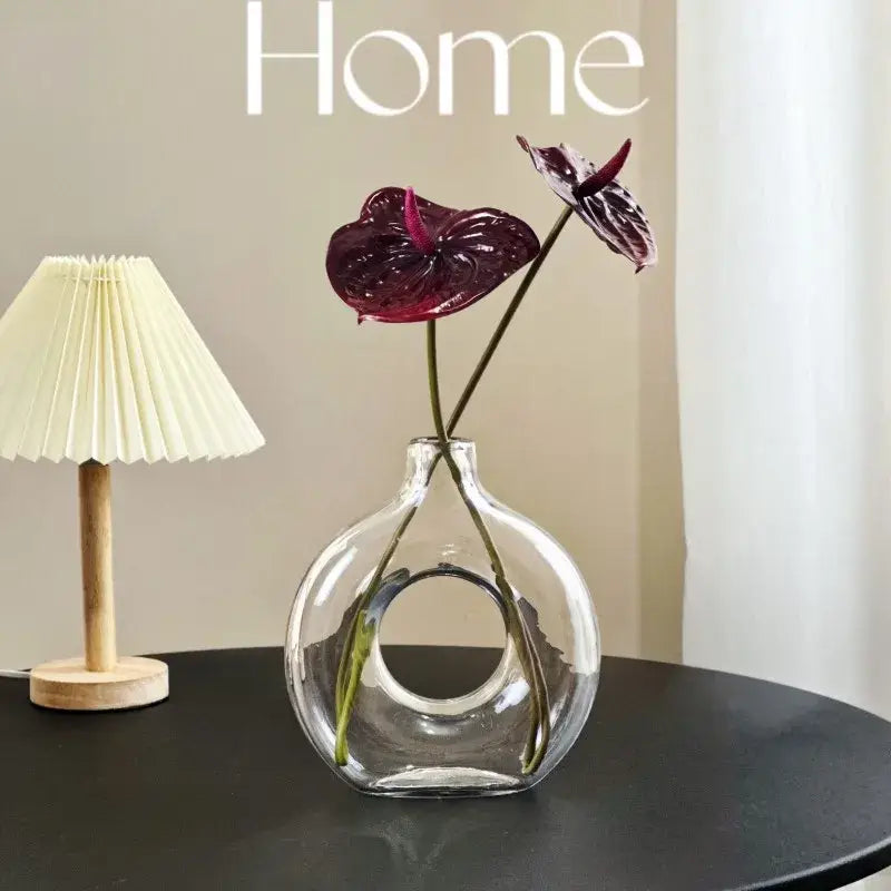 Modern taupe and clear geometric circles glass vase with circular cutout for living room decorbites decorbites geometric circles