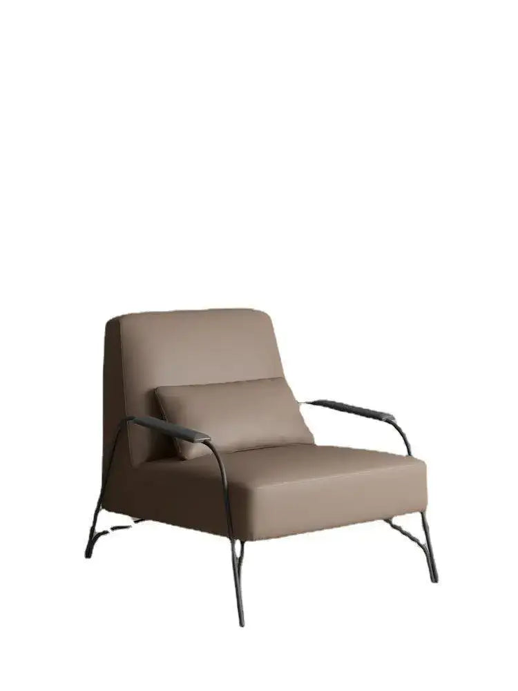 Modern taupe italian style single sofa chair featuring a beige leather seat with a sleek black metal frame