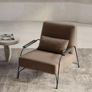 Modern taupe italian style single sofa chair with taupe upholstery, sleek black metal frame, and matching cushion
