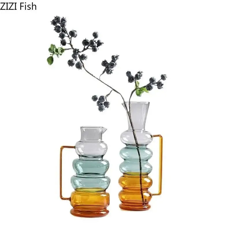 Stacked modern teal amber bubble glass vase with colorful layers and gold handles for decorbites bubble glass hydroponics pot