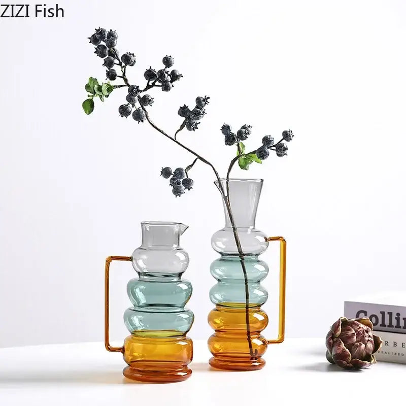 Stacked teal and amber glass bubble glass vase with gold-toned handle for modern decorbites bubble glass hydroponics use