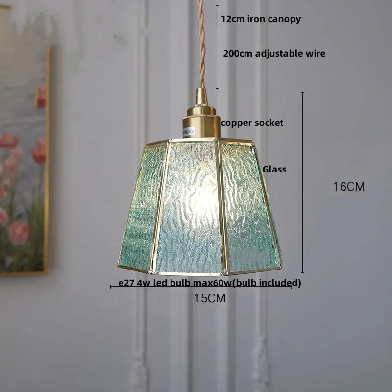 Hexagonal teal and amber copper glass led pendant lamp with textured gradient shade and brass edges for dining room decorbites copper glass