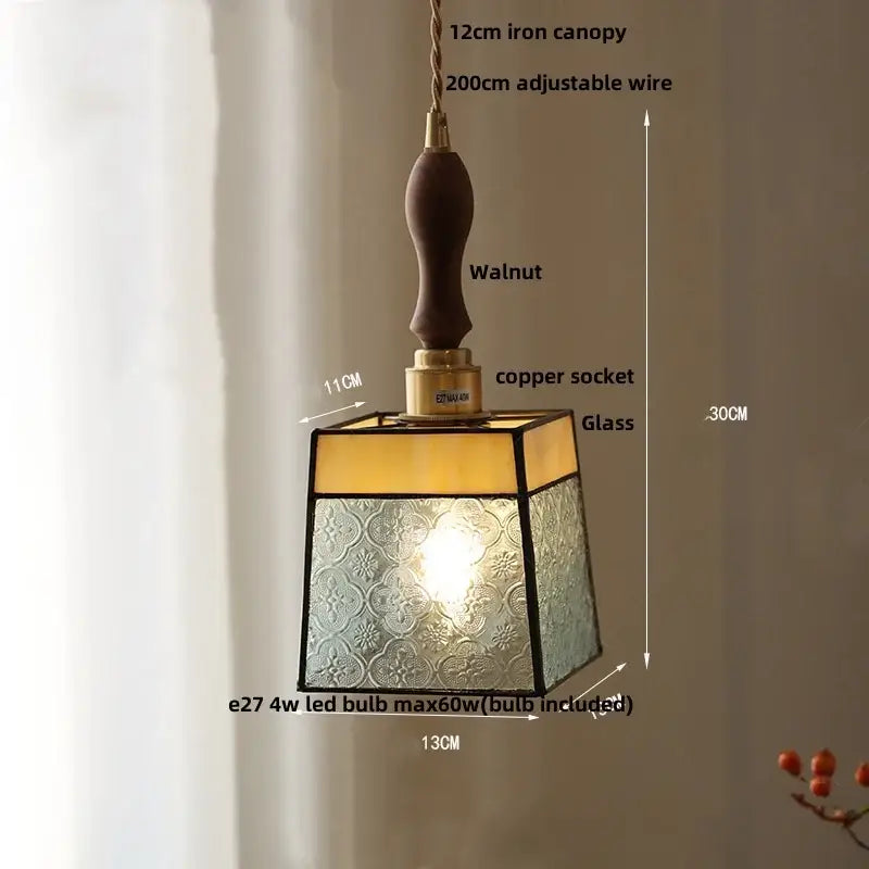 Modern teal and amber decorbites copper glass led pendant lamp with frosted glass, black metal frame, and walnut handle