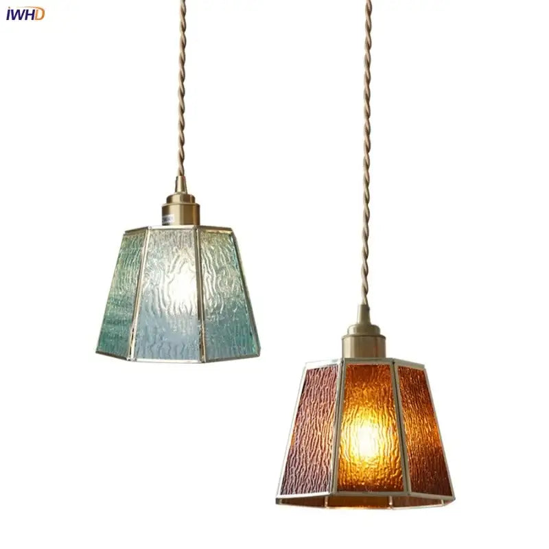 Modern teal and amber copper glass led pendant lamp with textured shades and twisted brass cords for dining room decorbites copper glass