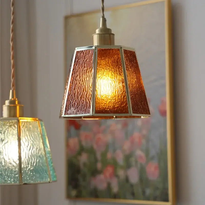 Modern teal and amber copper glass led pendant lamp with warm amber textured glass and brass accents for dining room decorbites copper glass