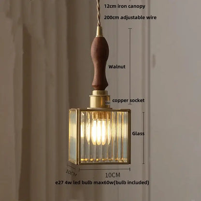 Modern teal and amber copper glass led pendant lamp with warm-toned brass frame and walnut-finished iron canopy decorbites copper glass