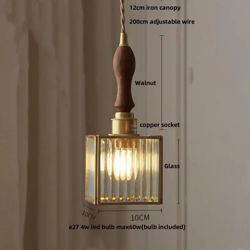 Modern teal and amber copper glass led pendant lamp with warm-toned brass frame and walnut-finished iron canopy decorbites copper glass