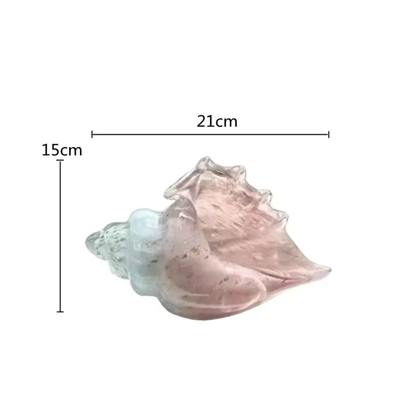 Modern teal and amber glass conch shell statue featuring translucent pink and light blue glass measuring 21cm by 15cm