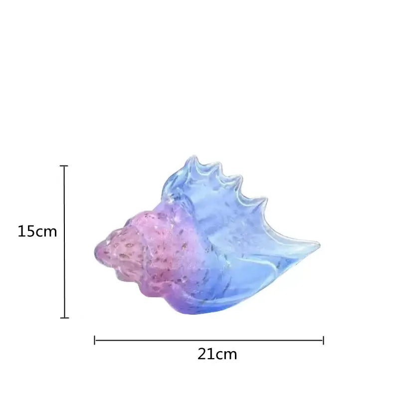 Modern teal and amber glass conch shell statue with translucent pink to blue gradient scalloped edges for living room decor