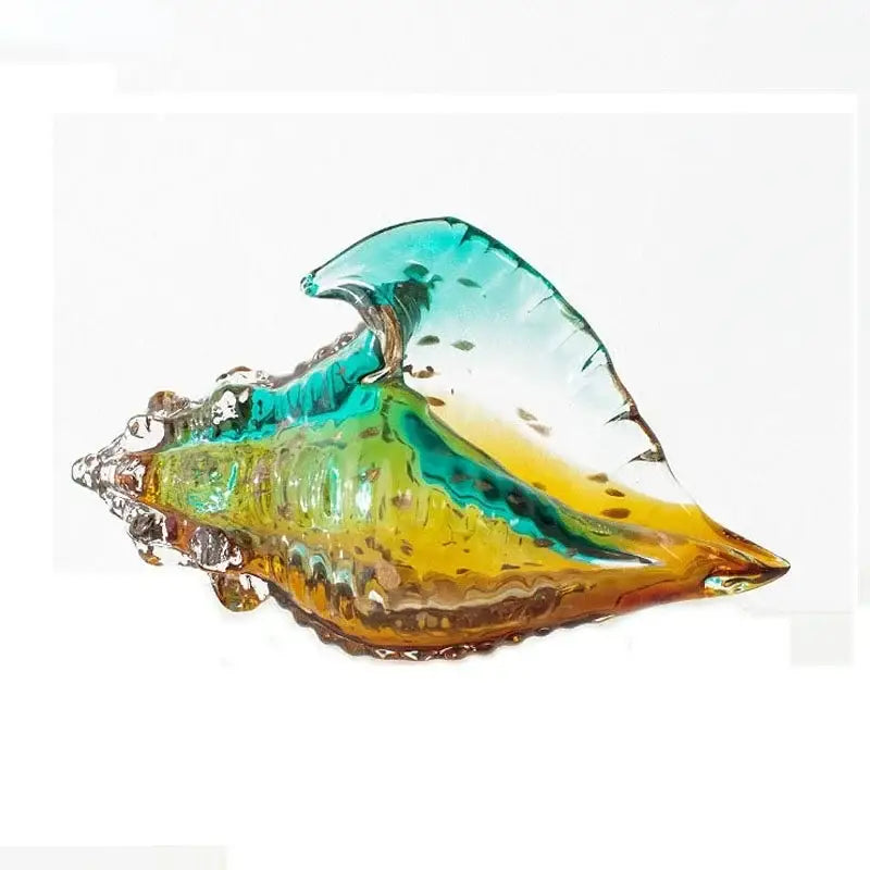 Modern teal and amber hand-blown glass conch shell statue with gradient hues and speckled details for living room decor