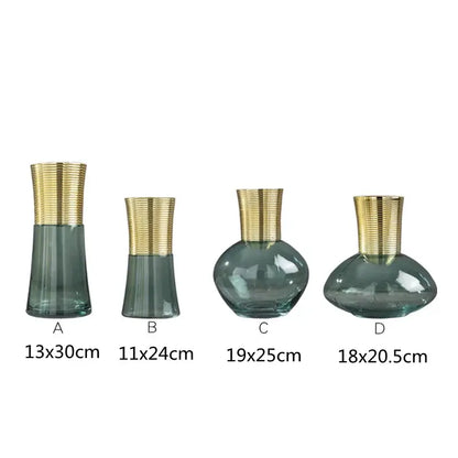 Set of four elegant teal glass vases with gold metal glass ribbed necks for modern decorbites gold metal living room decor