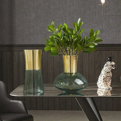 Modern teal and amber gold metal glass vase with a ribbed gold metal neck for elegant living room decorbites gold metal decor