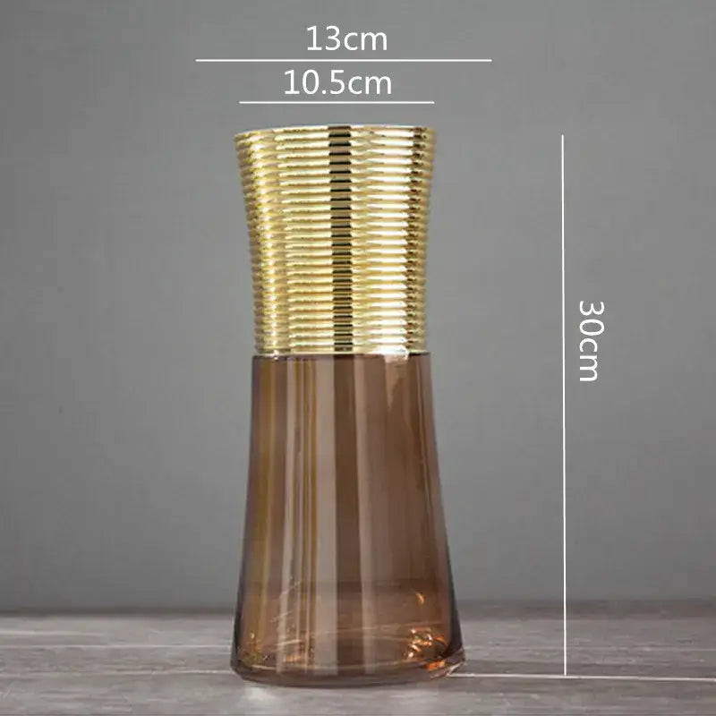 Modern teal and amber gold metal glass vase with a tall gold metal ribbed section and translucent amber base for decorbites decor
