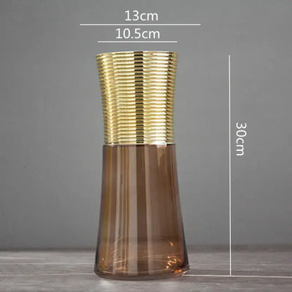 Modern teal and amber gold metal glass vase with a tall gold metal ribbed section and translucent amber base for decorbites decor
