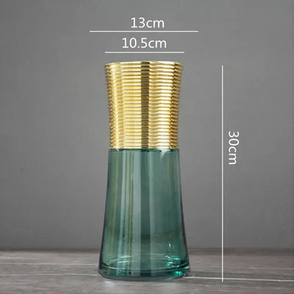 Modern teal and amber gold metal glass vase with textured gold metal rim for decorbites gold metal living room decor