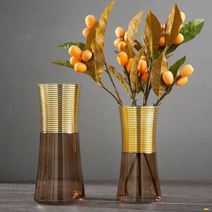 Tall slender metal glass vase with gold metal ribbed band and translucent amber base for living room decorbites gold metal decor