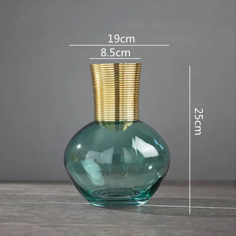 Modern teal and amber gold metal glass vase featuring a textured gold metal neck for living room decorbites gold metal decor