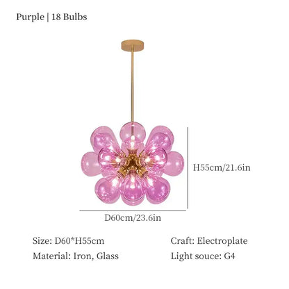 Modern teal and brass glass bubble chandelier pendant light with pink glass flower and 18 purple bulbs decorbites glass bubble