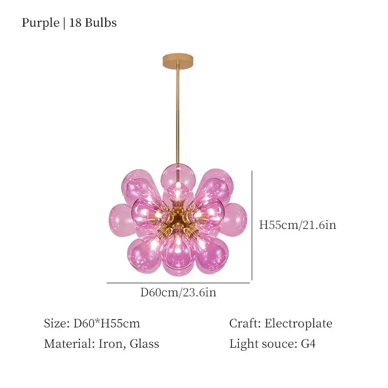 Modern teal and brass glass bubble chandelier pendant light with pink glass flower and 18 purple bulbs decorbites glass bubble