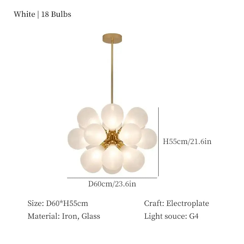Modern teal and brass glass bubble chandelier pendant light with gold electroplated iron and 18 frosted globe bulbs