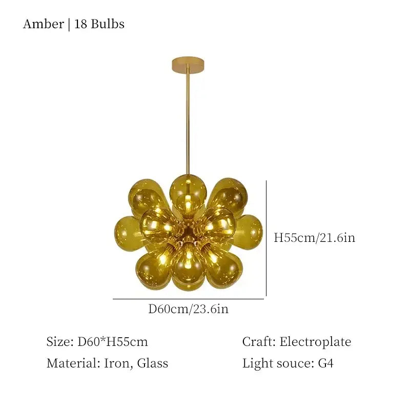 Amber-colored iron and glass globe pendant light with 18 bulbs for modern teal and brass decorbites glass bubble chandelier
