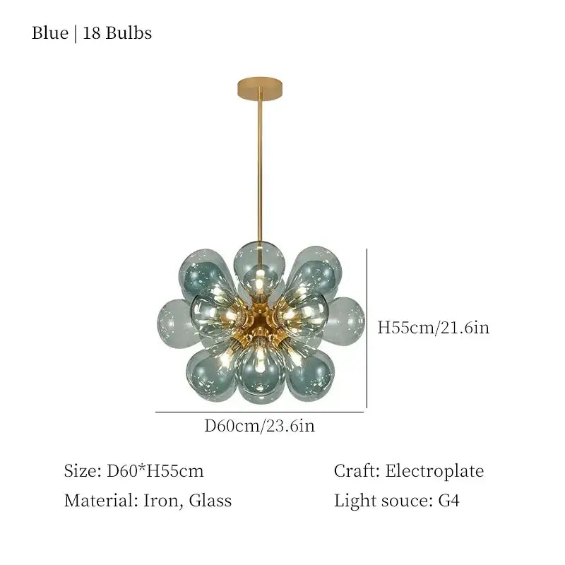 Modern teal and brass decorbites glass bubble chandelier pendant light with 18 blue glass bulbs crafted from iron and glass