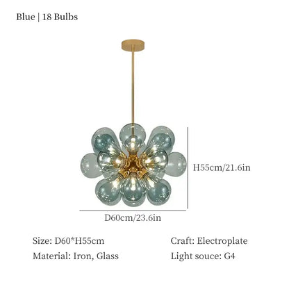 Modern teal and brass decorbites glass bubble chandelier pendant light with 18 blue glass bulbs crafted from iron and glass