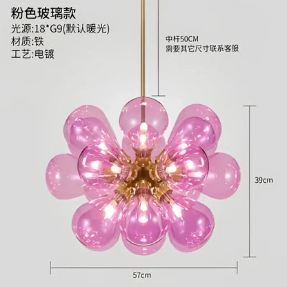 Modern teal and gold glass bubble hanging pendant light with pink glass bulbs and brass-colored metal frame for dining room decorbites pendant light
