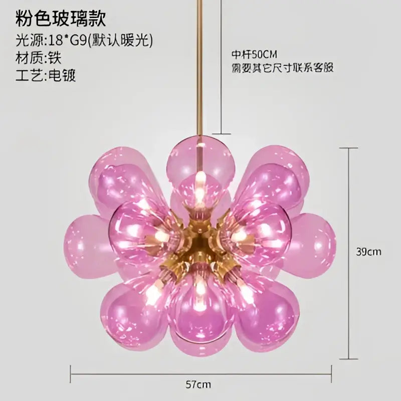 Modern teal and gold glass bubble hanging pendant light with pink glass bulbs and brass-colored metal frame for dining room decorbites pendant light
