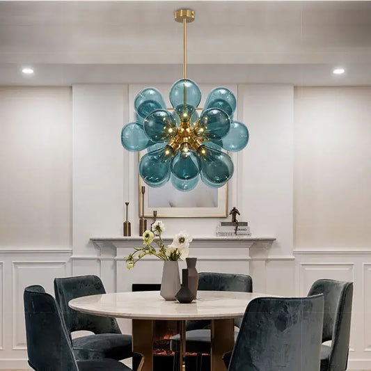 Modern teal and gold glass bubble hanging pendant light with decorbites glass bubble design for dining room decor