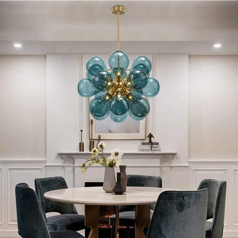 Modern teal and gold glass bubble hanging pendant light with decorbites glass bubble design for dining room decor