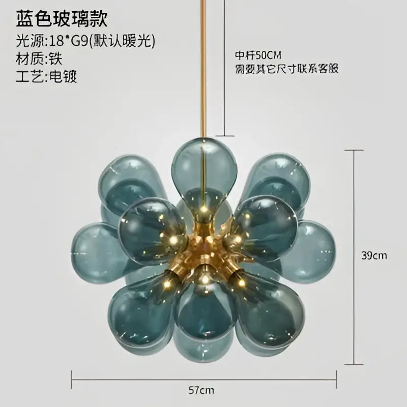 Modern teal and gold glass bubble hanging pendant light with blue glass and brass fixture for dining room decorbites pendant light
