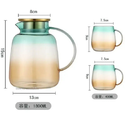 Modern teal and gold glass teapot set with gradient glass pitcher gold-toned lid handle and matching mugs