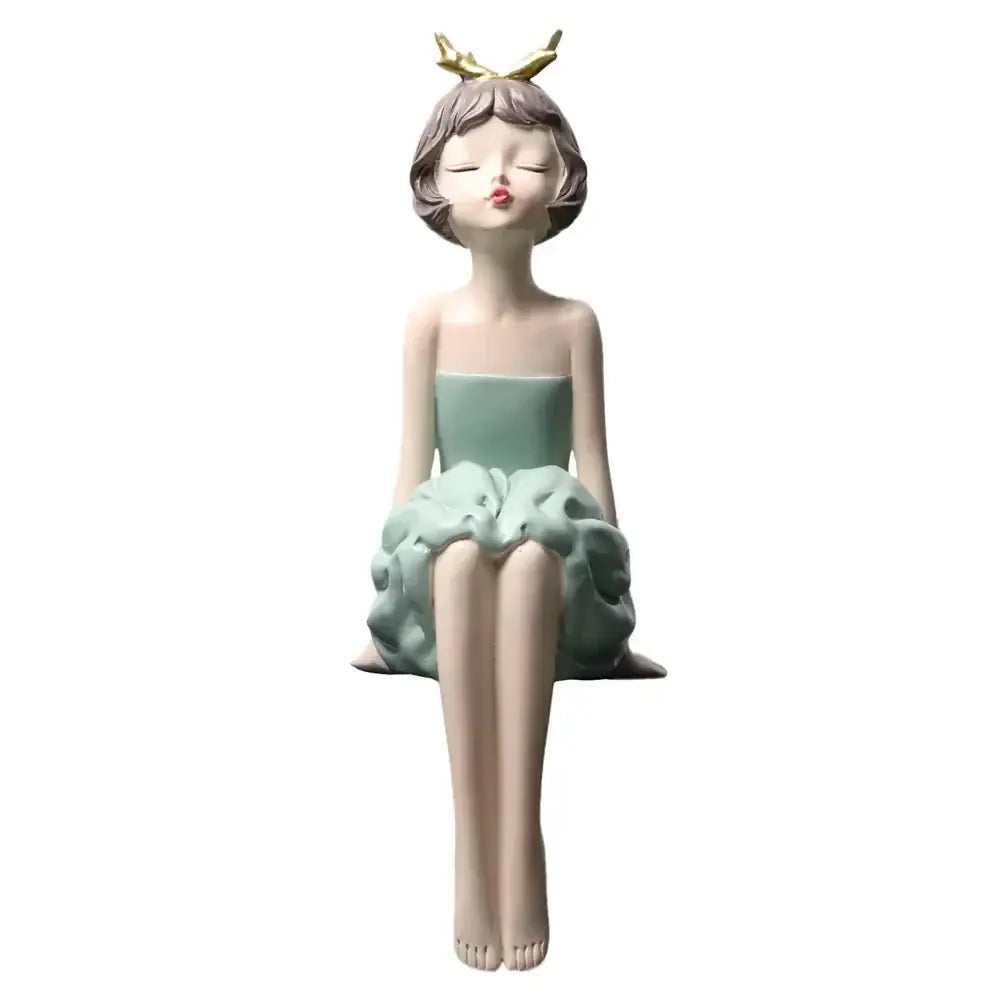 A delicate modern teal bowknot girl figurine resin sculpture seated in a mint green ruffled dress with golden antlers