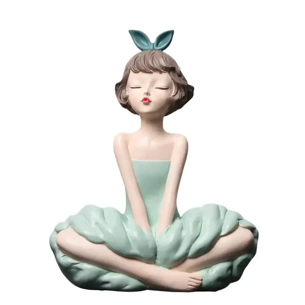 A delicate mint-green resin bowknot girl figurine with teal bunny ears for modern living room storage sculpture