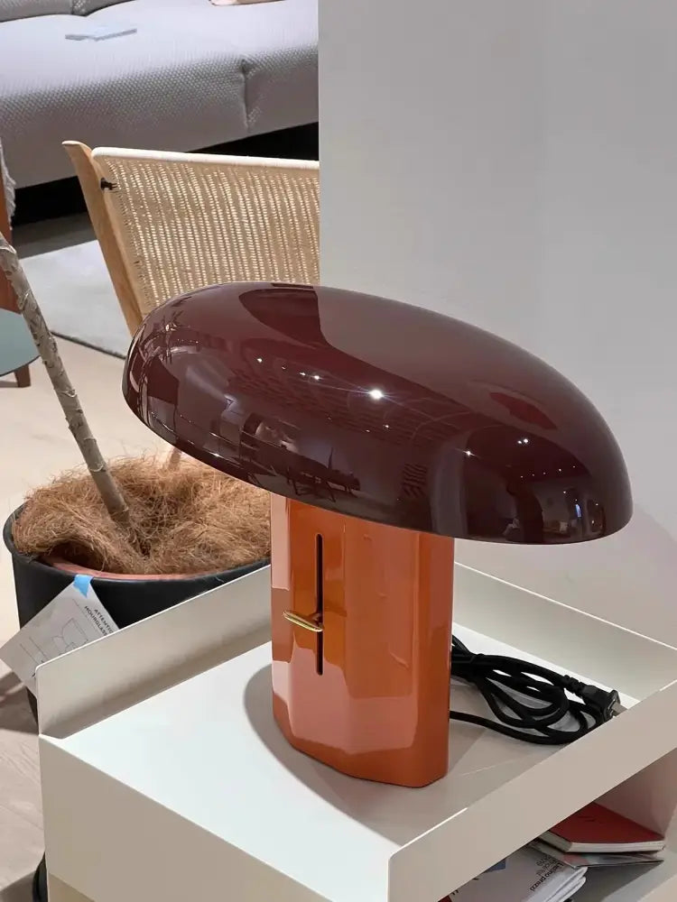 Modern teal and burgundy decorbites designer mushroom floor lamp with a glossy burgundy cap orange base and gold accent