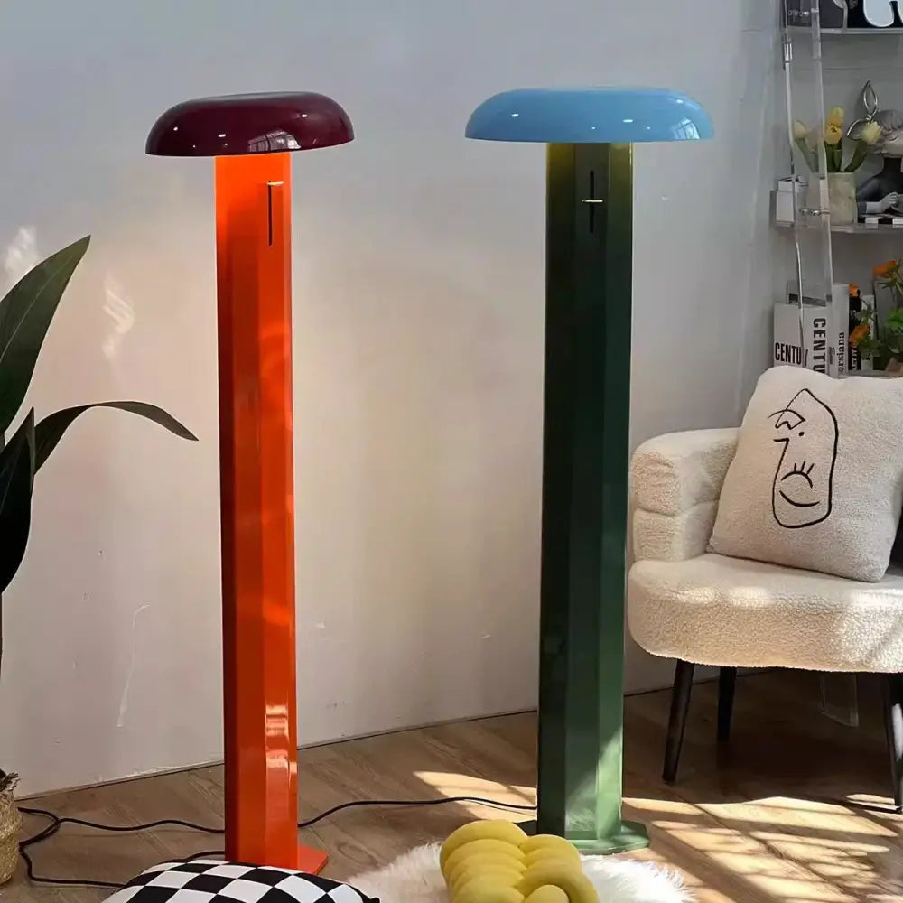 Two decorbites designer mushroom floor lamps with burgundy glossy and blue matte caps for modern living room decor