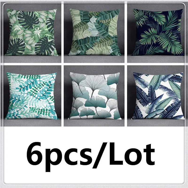 Modern teal cosmic leaves flower pillowcase set featuring six assorted green leaves flower throw pillows with botanical designs