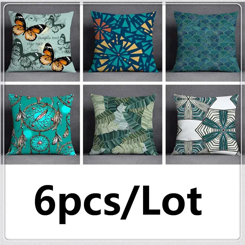 Six decorative throw pillows in teal blue and green with leaves flower pillowcase set for modern bedroom decor